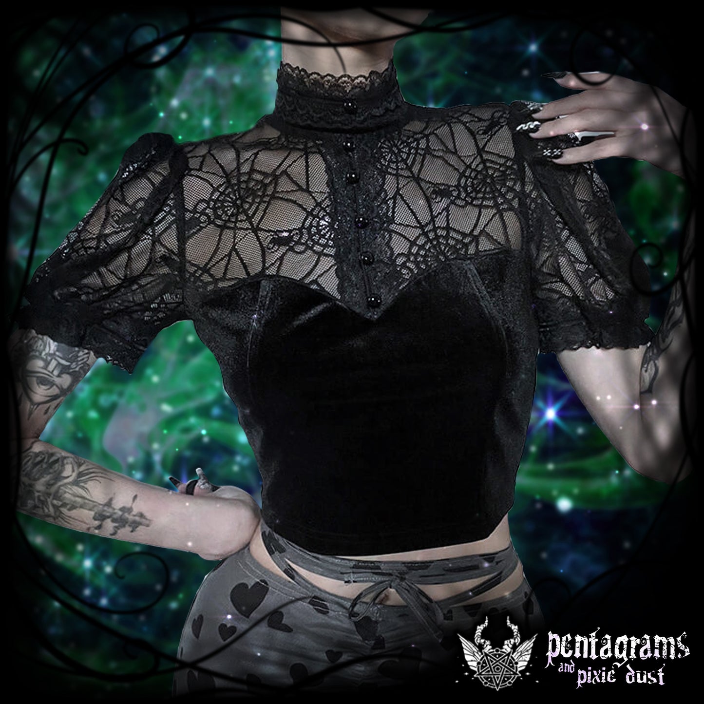 Midnight Web - Lace and Mesh Short Sleeve Top