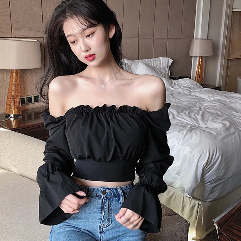 Slash Neck Blouse with Puffy Sleeves